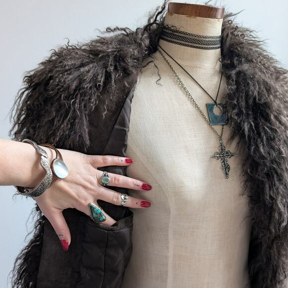 Vintage Brown Suede Penny Lane Jacket Fur Shag Leather Groovy Trench Coat Medium - Picture 10 of 14